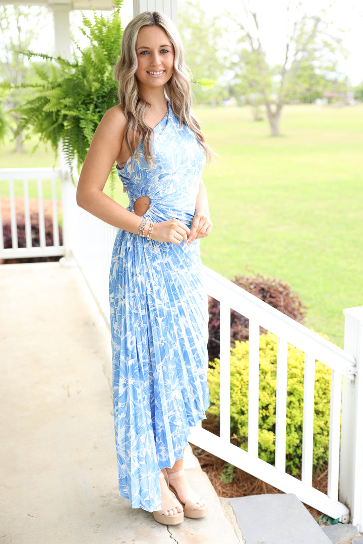 Blue Skies & Blooms Pleated Midi Dress