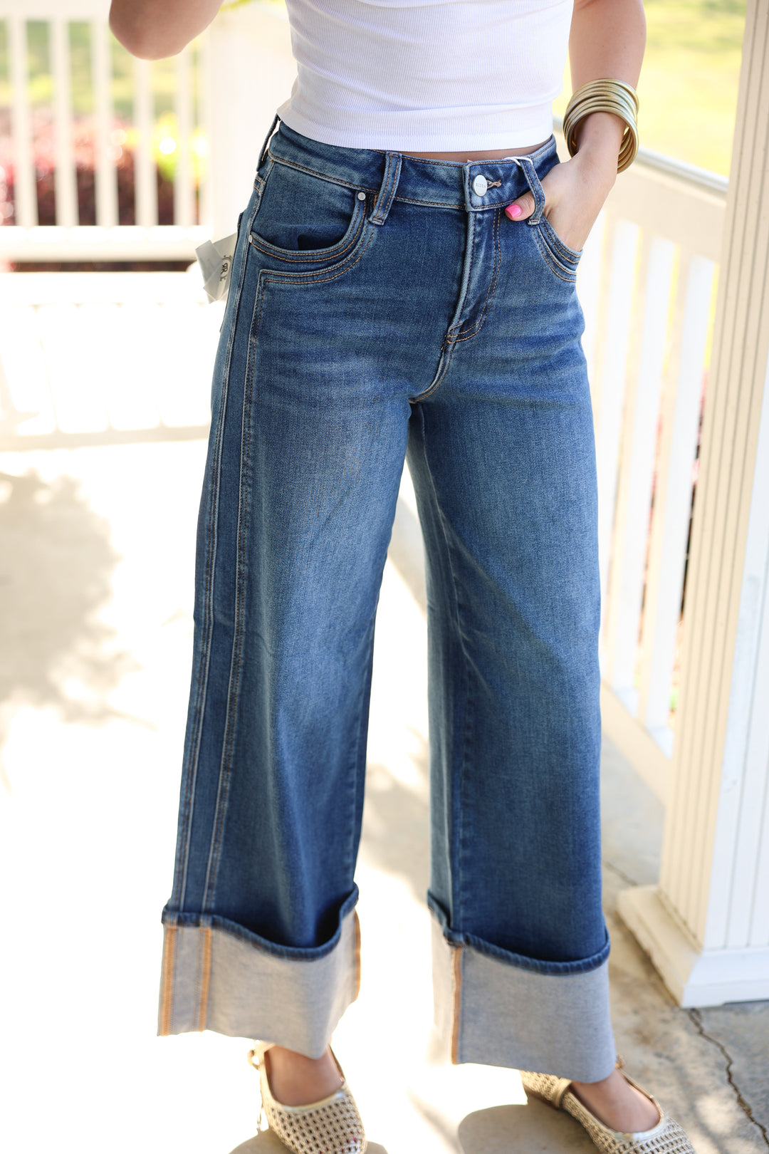 Risen - High Rise Wide Leg Cuffed Jeans W/ Double Front Pocket Detail "Dark"