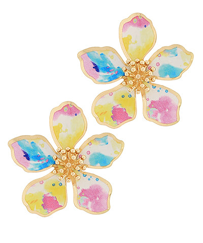 Watercolor Pattern Printed Metal Flower Earrings "Gold/Multi"