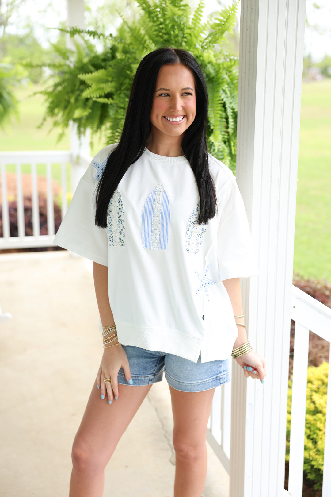 Casual Floral Detail Knit Top "Sky"
