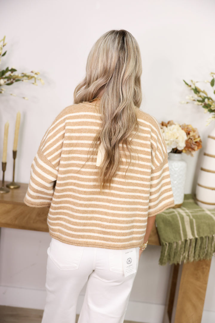Striped Button Front Knit Top "Sand"