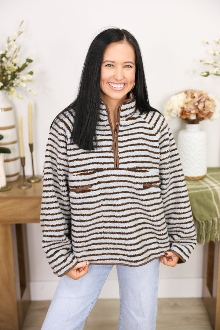 Striped Sherpa Half Zip Jacket "Blue"