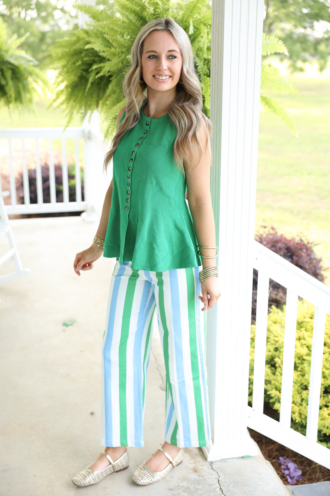 Solid Sleeveless Knit Button Front Detail Top "Green"