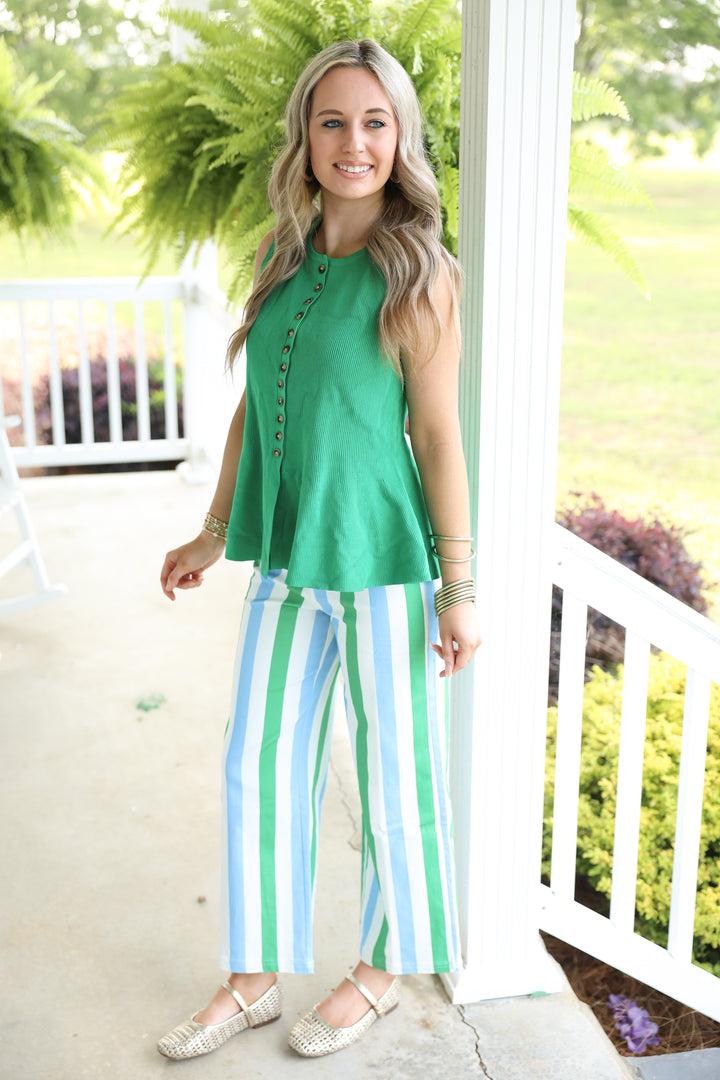 Solid Sleeveless Knit Button Front Detail Top "Green"