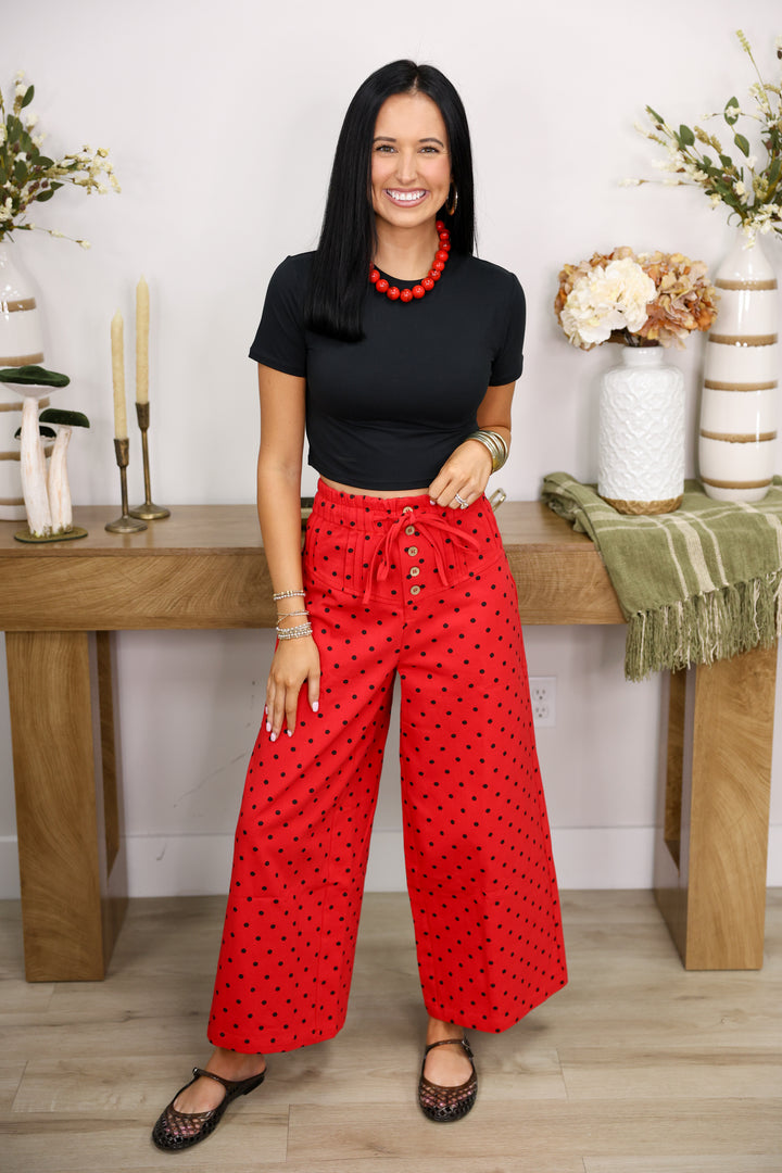 Front Button Up Wide Leg Polka Dot Pants "Red"