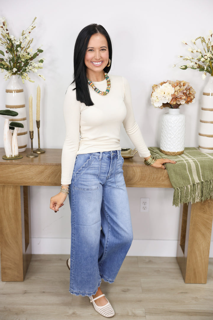 Risen - High Rise Crop Wide Leg Jeans W/ Scallop Patch Pocket "Medium"