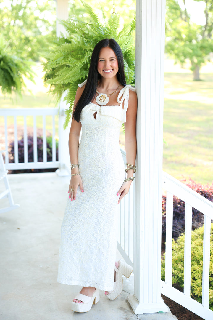 Crochet Embroidered Tie Shoulder Midi Dress "Off White"