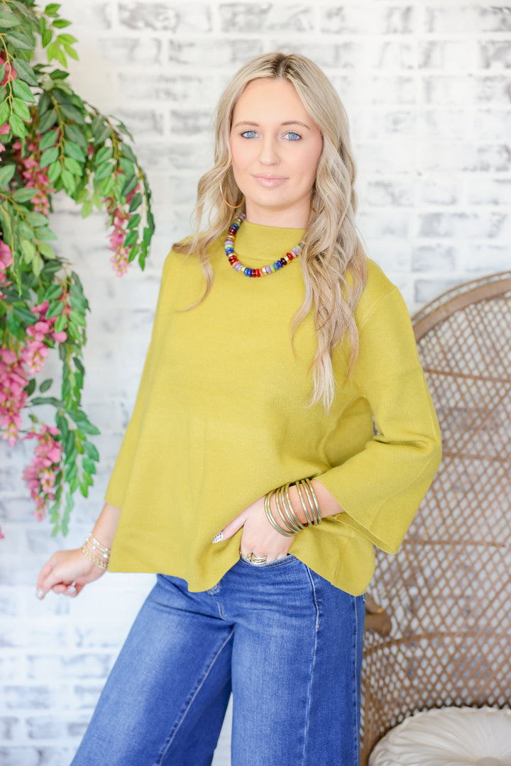 Mock Neck Bell Sleeve Sweater "Dark Citron"