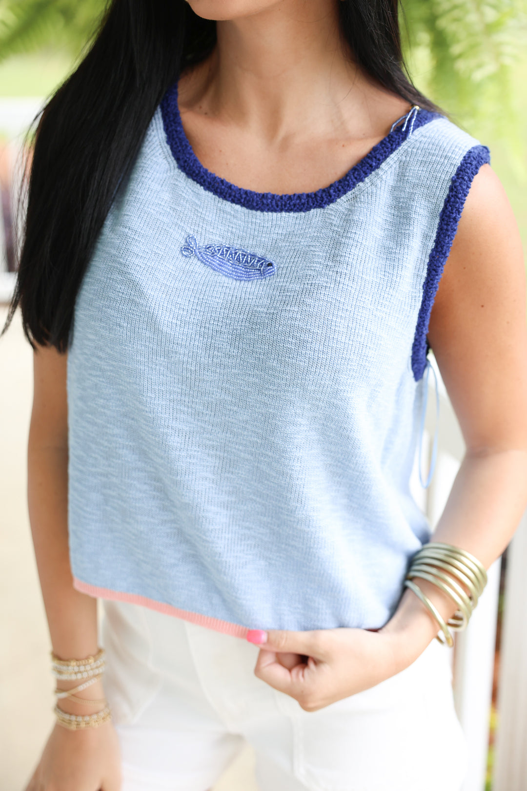 Beaded Fish Sleeveless Knit Top "Coastal Blue"