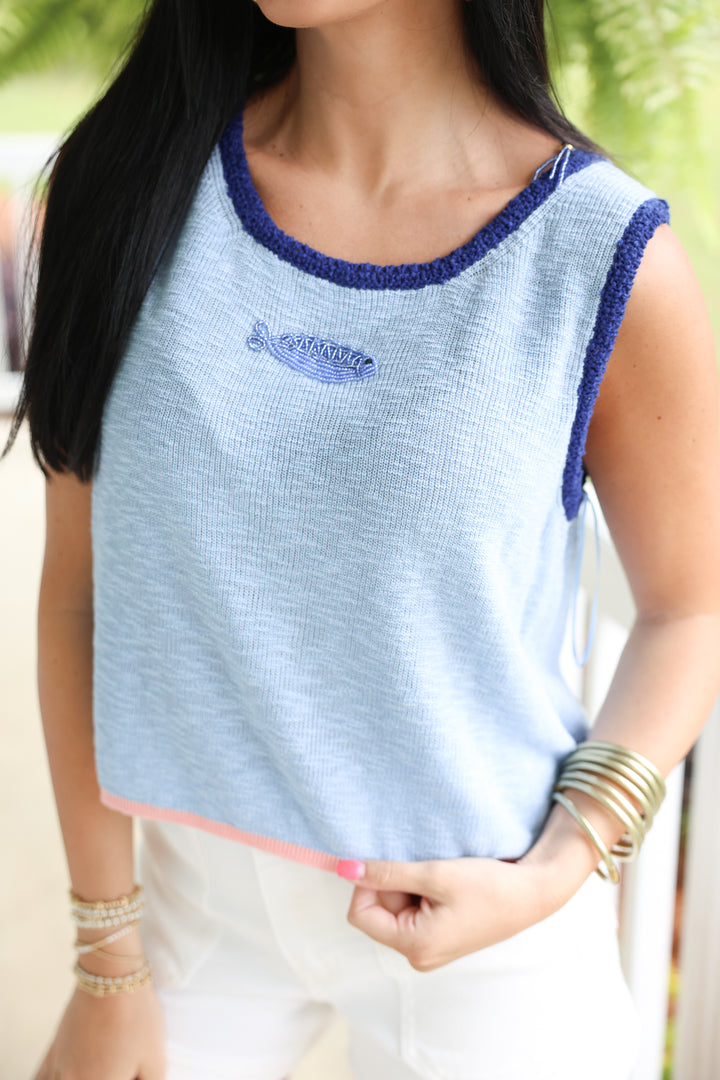 Beaded Fish Sleeveless Knit Top "Coastal Blue"