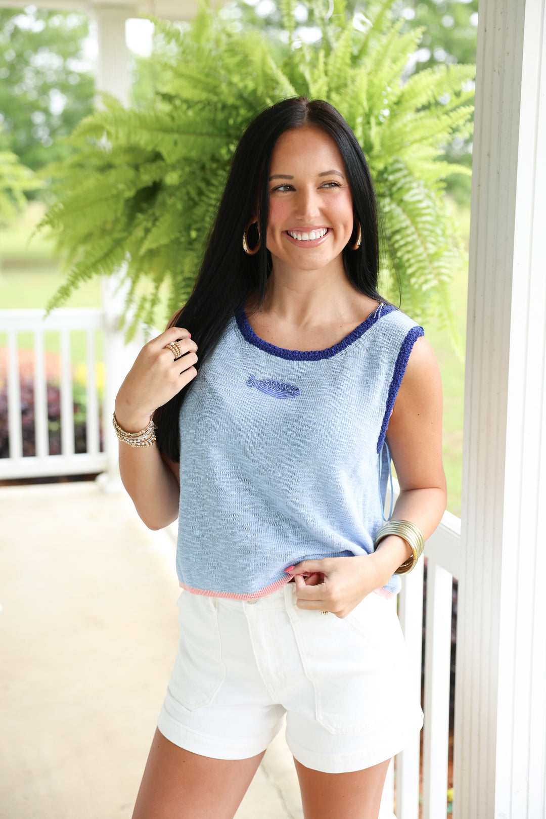 Beaded Fish Sleeveless Knit Top "Coastal Blue"