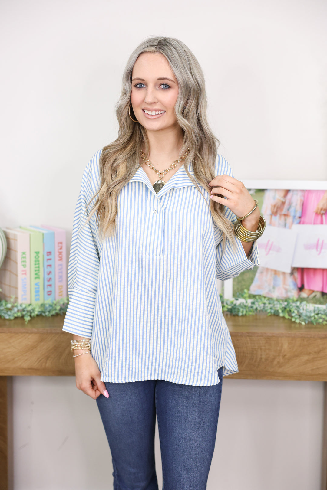 Striped 3/4 Sleeve Top "Blue"