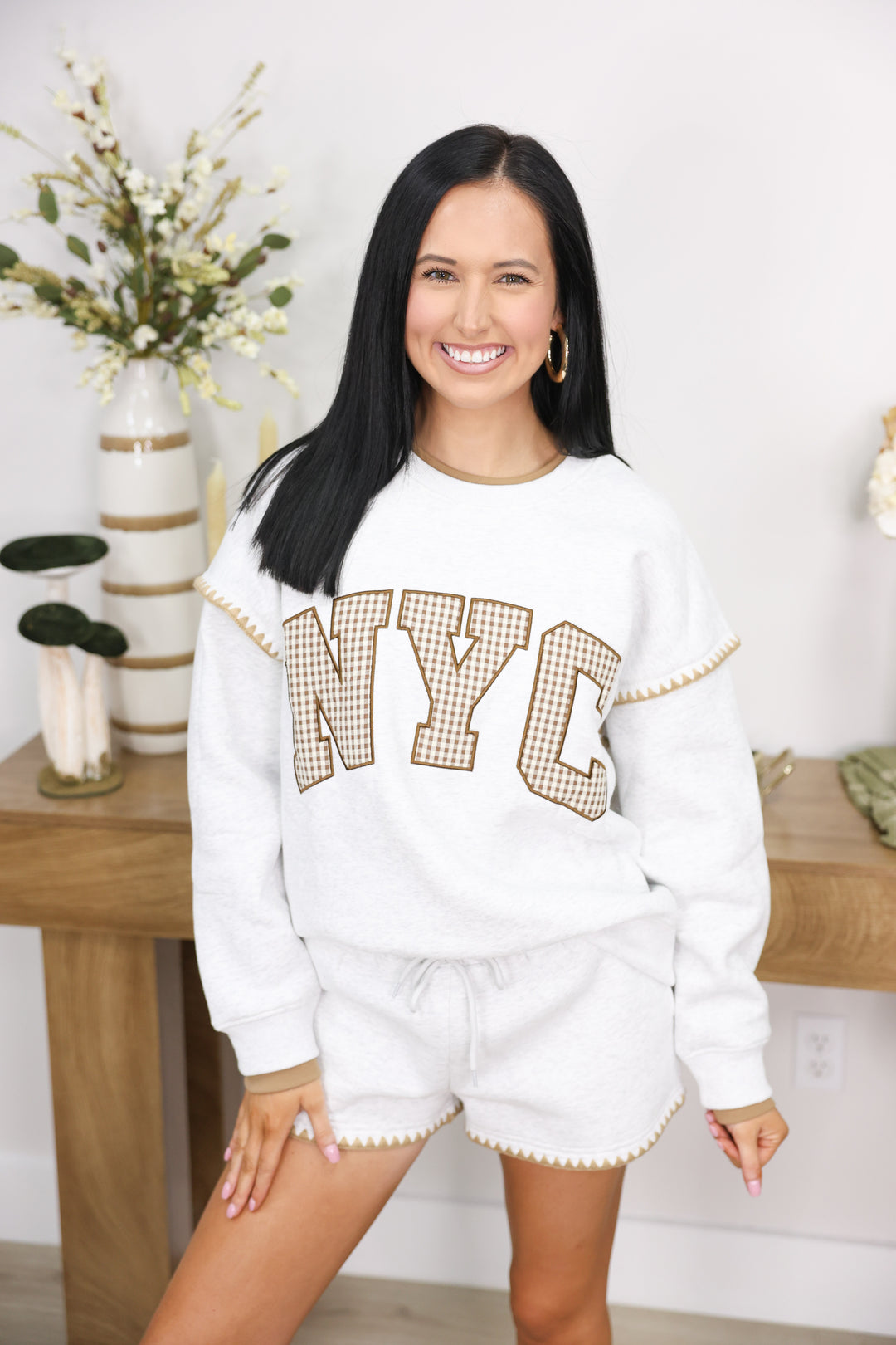 NYC Graphic Pulllover Top & Shorts Set "LT H Grey/Brown"