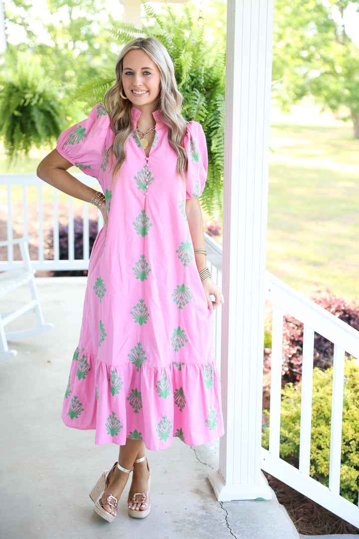 Botanical Embroidery Short Puff Sleeve Midi Dress "Pink"