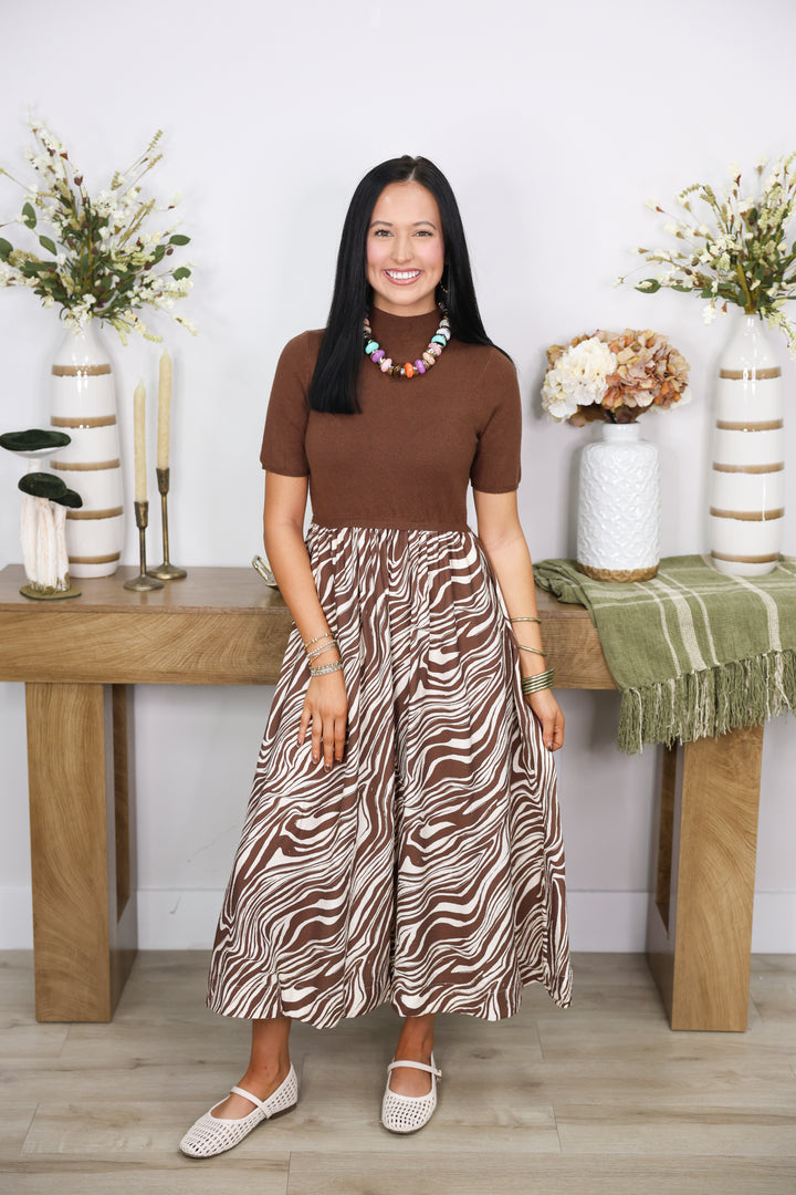 Zebra Print Short Sleeve Mixed Media Midi Dress "Brown"