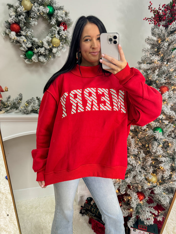 'MERRY' Embroidered Mock Neck Sweatshirt "Red"