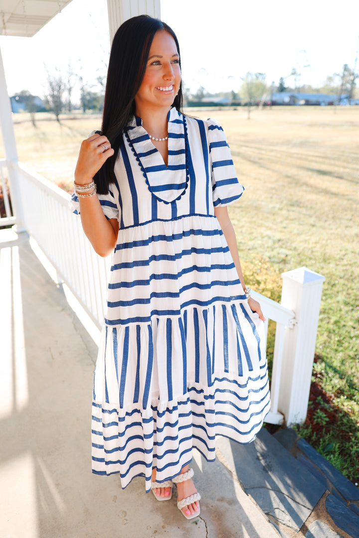 Sally Stripes Midi Dress "Navy"