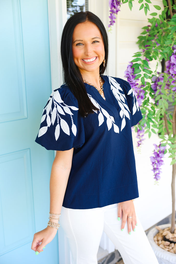 Navy Embroidered Top
