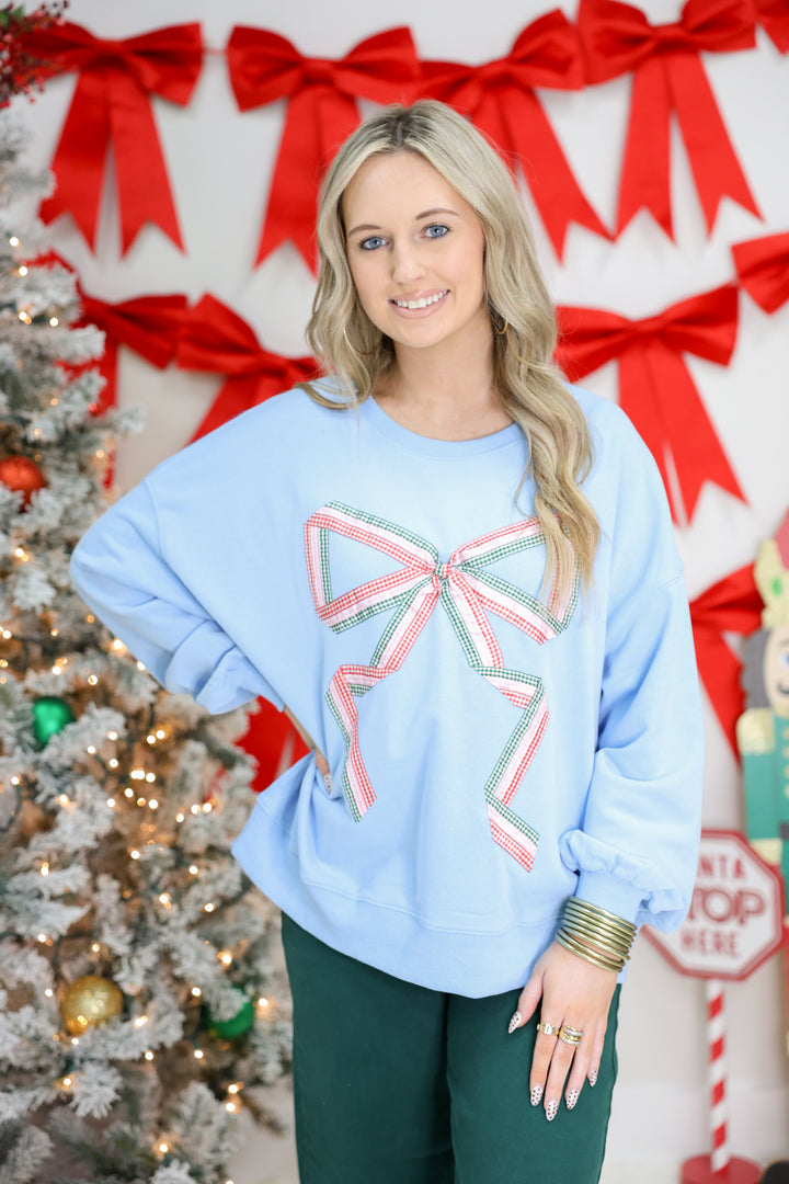 Multi Color Gingham Bow Detail Sweatshirt "Lt. Blue"