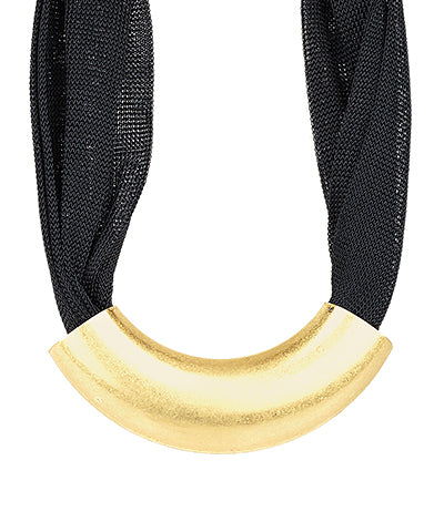 Curved Metal Tube & Mesh Necklace "Black/Gold"