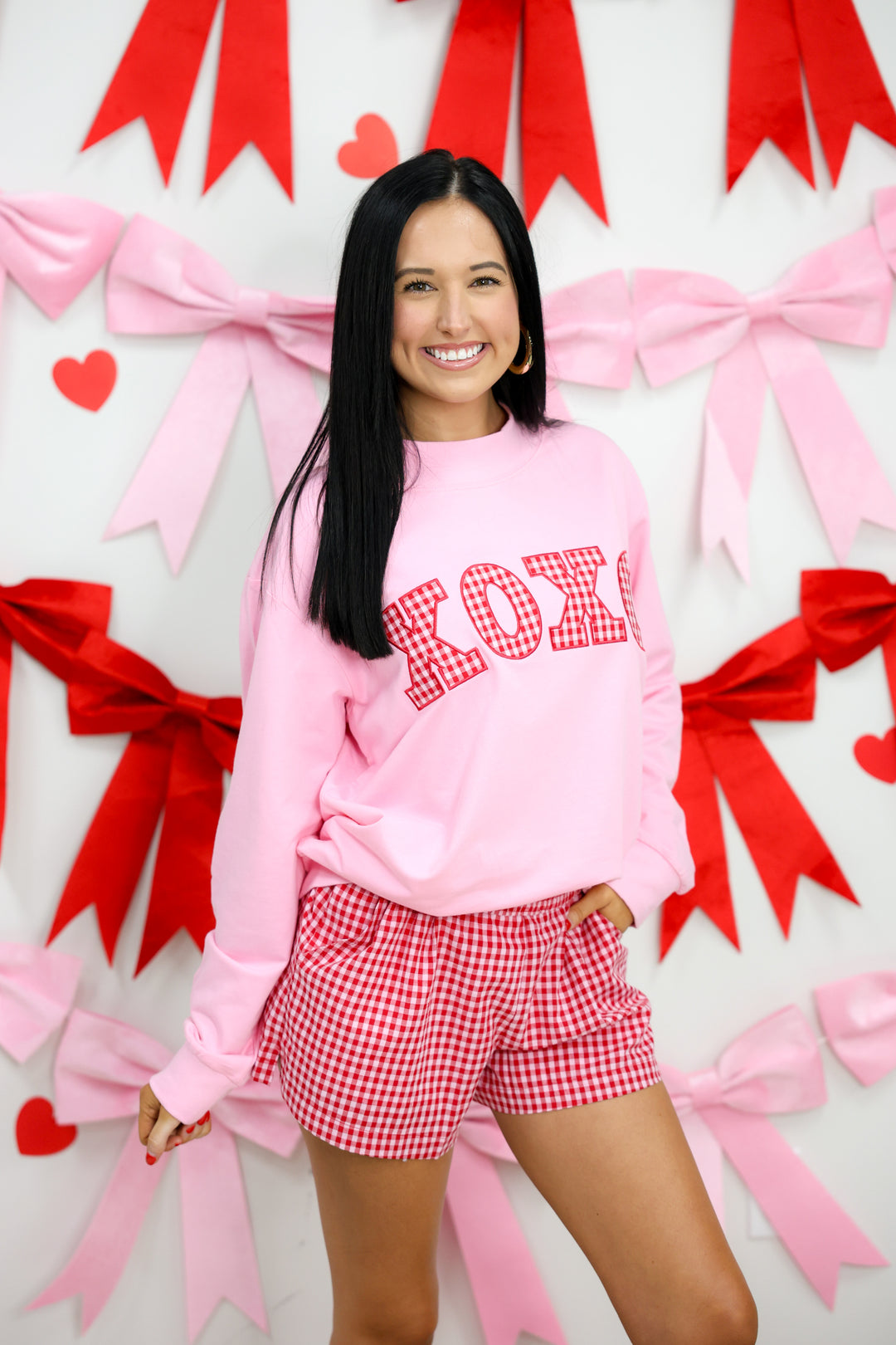 Mock Neck Sweatshirt W/ Gingham XOXO Patch Applique "Pink"