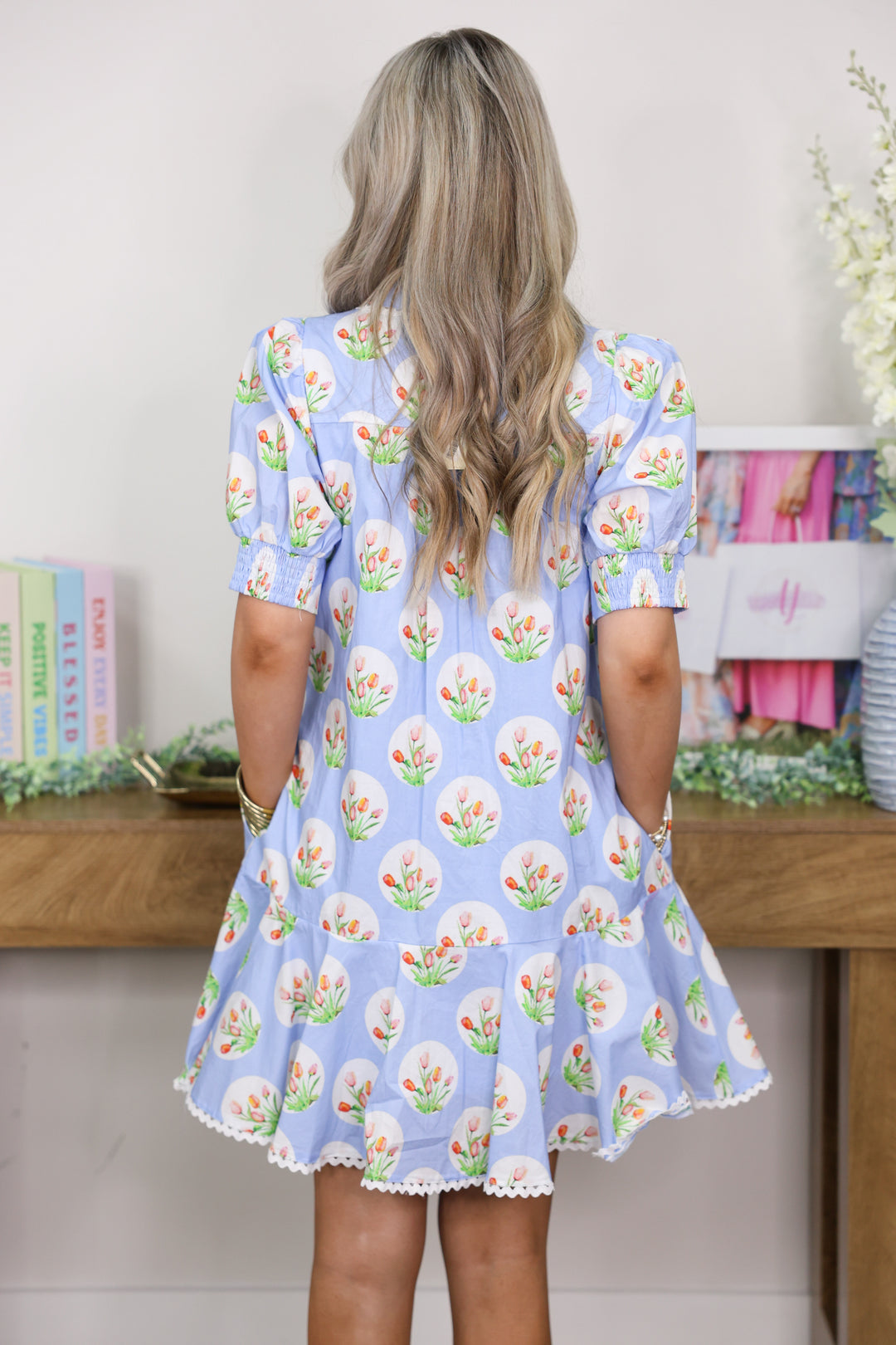 Tulip Print Short Puff Sleeve Mini Dress "LT Blue"