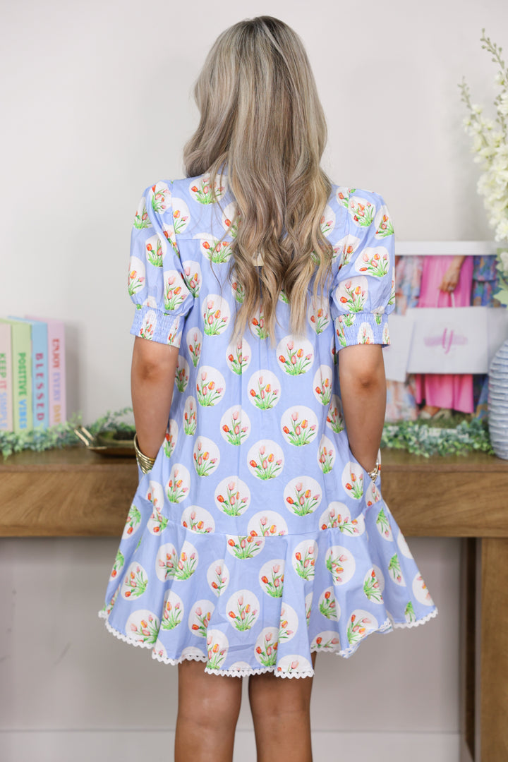 Tulip Print Short Puff Sleeve Mini Dress "LT Blue"
