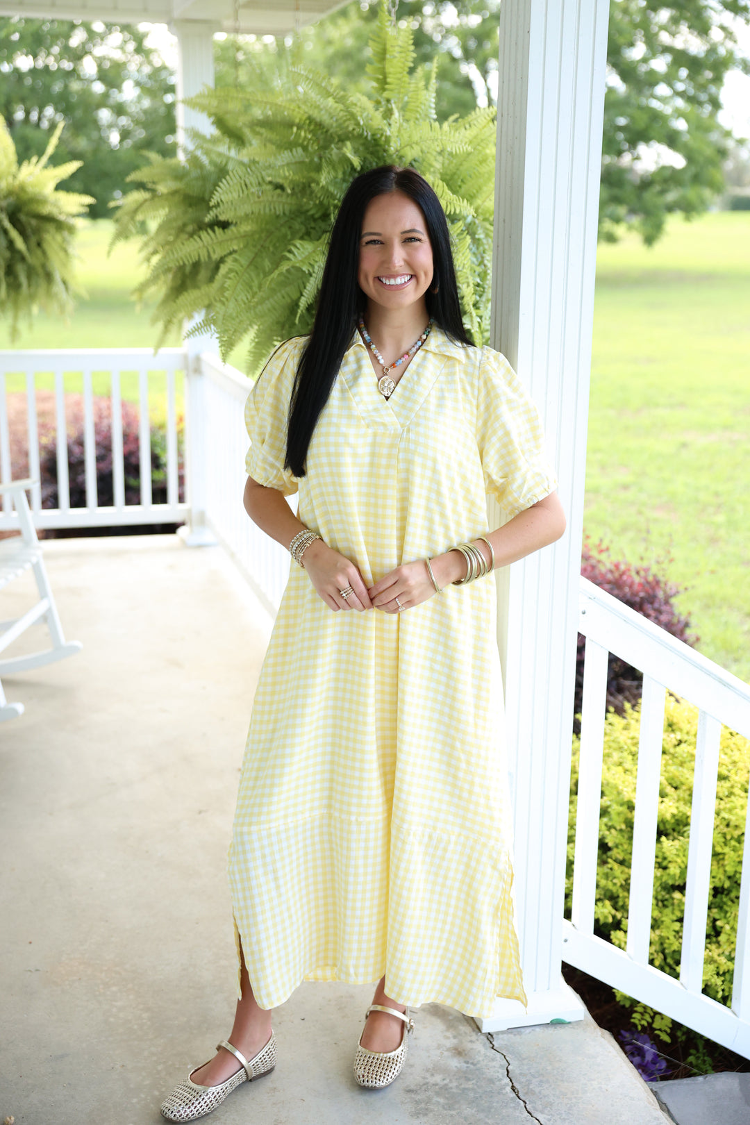 Open Collared Gingham Check Midi Dress "Lemon"