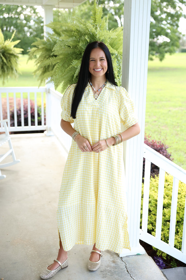 Open Collared Gingham Check Midi Dress "Lemon"