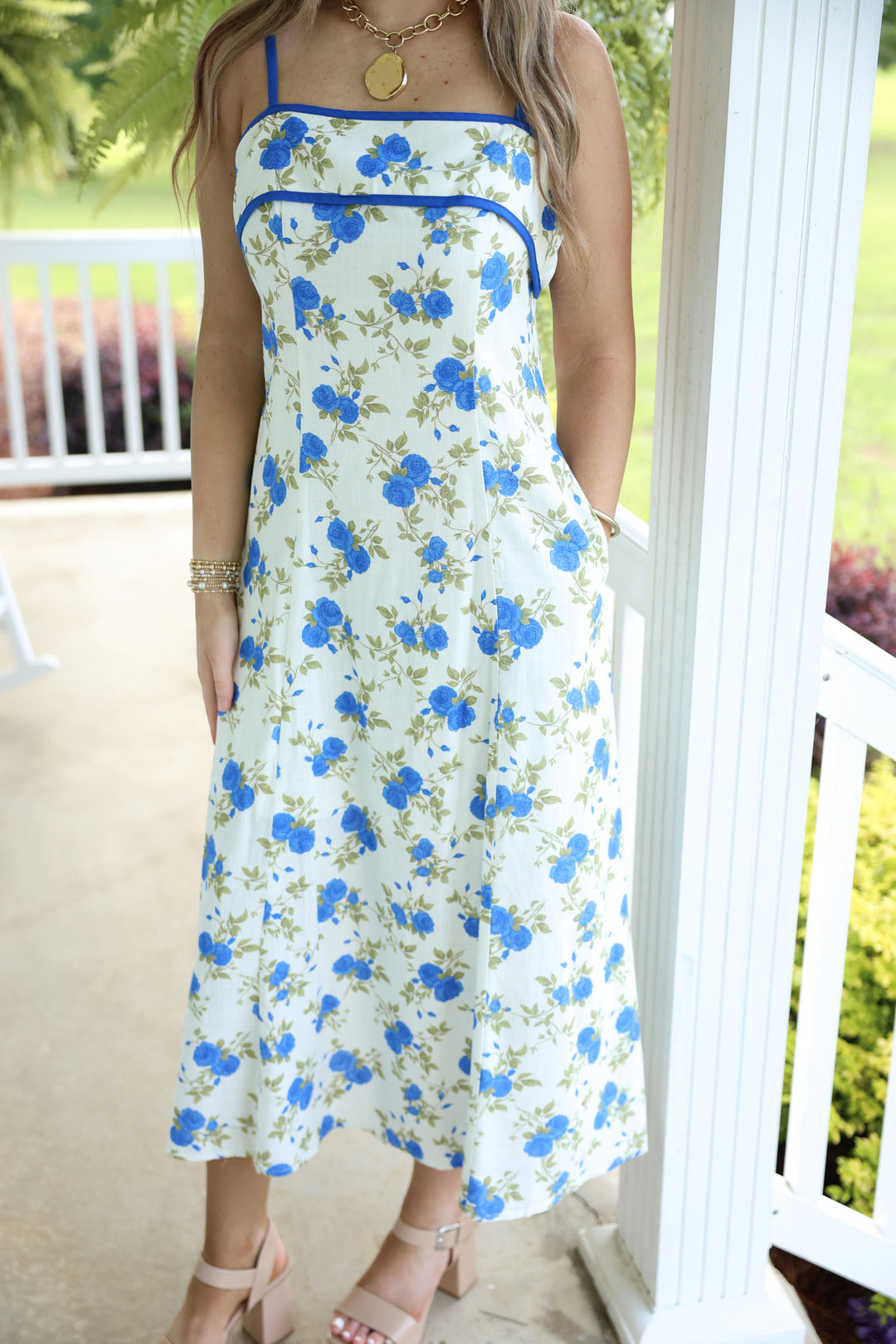 Floral Print Sleeveless Midi Dress "Ivory Blue"