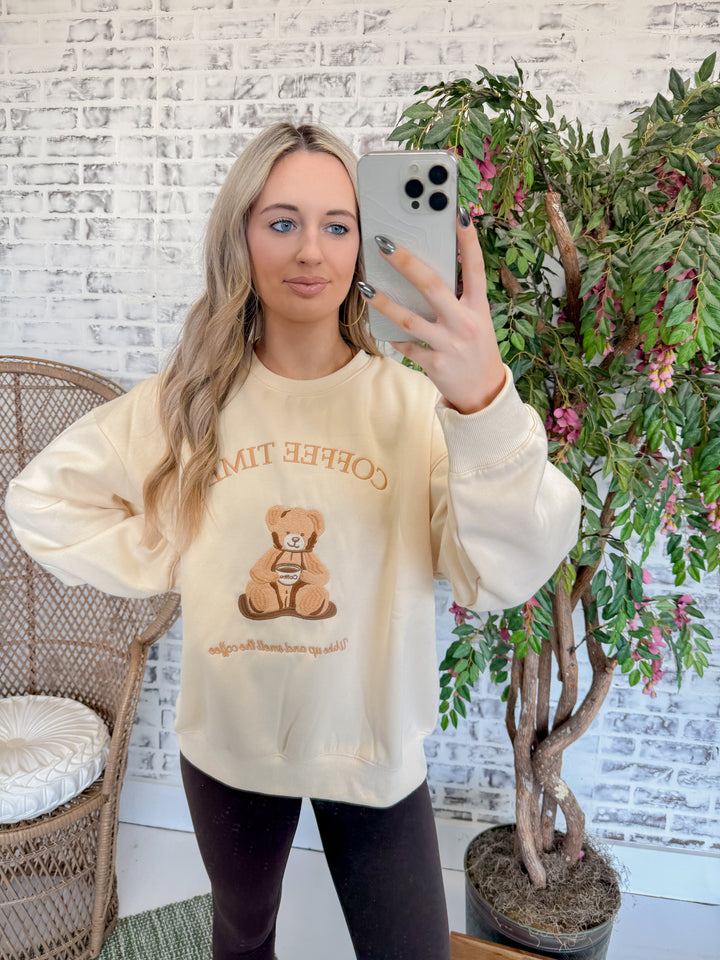 Crew Neck Long Sleeve "Coffee Time" Graphic Sweatshirt "Cream"