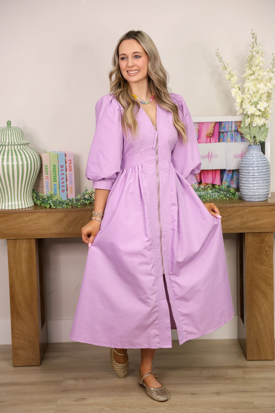 Gracious Solid 3/4 Sleeve Midi Dress "Lavender"