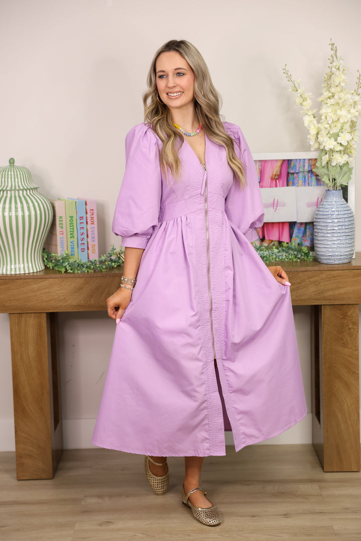 Gracious Solid 3/4 Sleeve Midi Dress "Lavender"