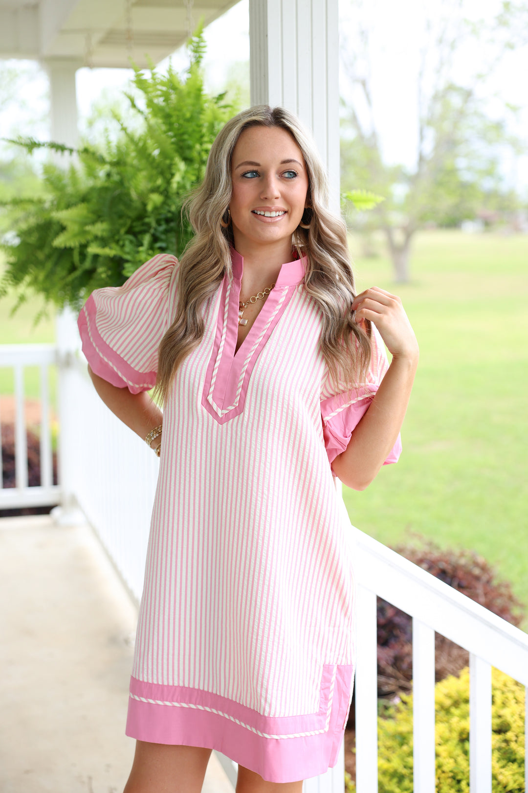 Sassy Stripes Puff Sleeve Dress "Pink"