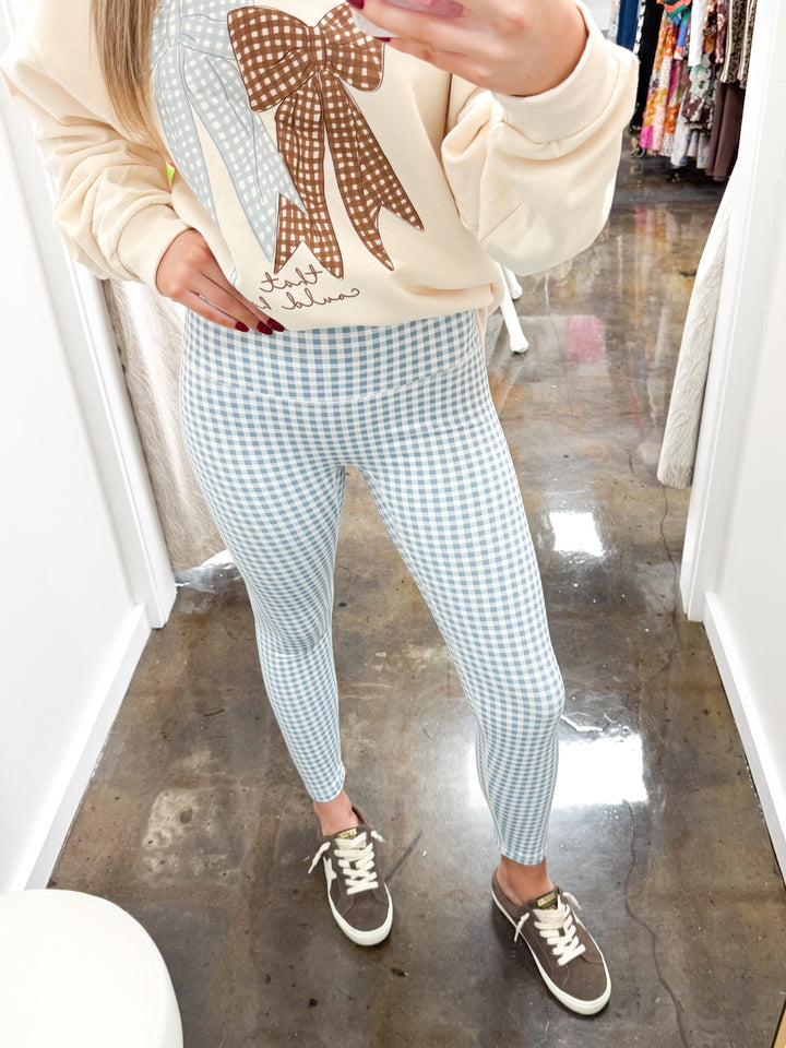 Gingham Print Aligned Performance High Rise Leggings "Dusty Blue"