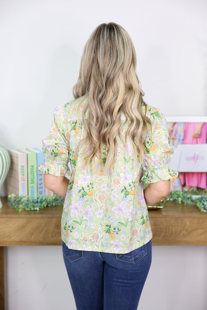 Floral Print V-Neck Embroidered Trim Blouse "Olive Green Lily"