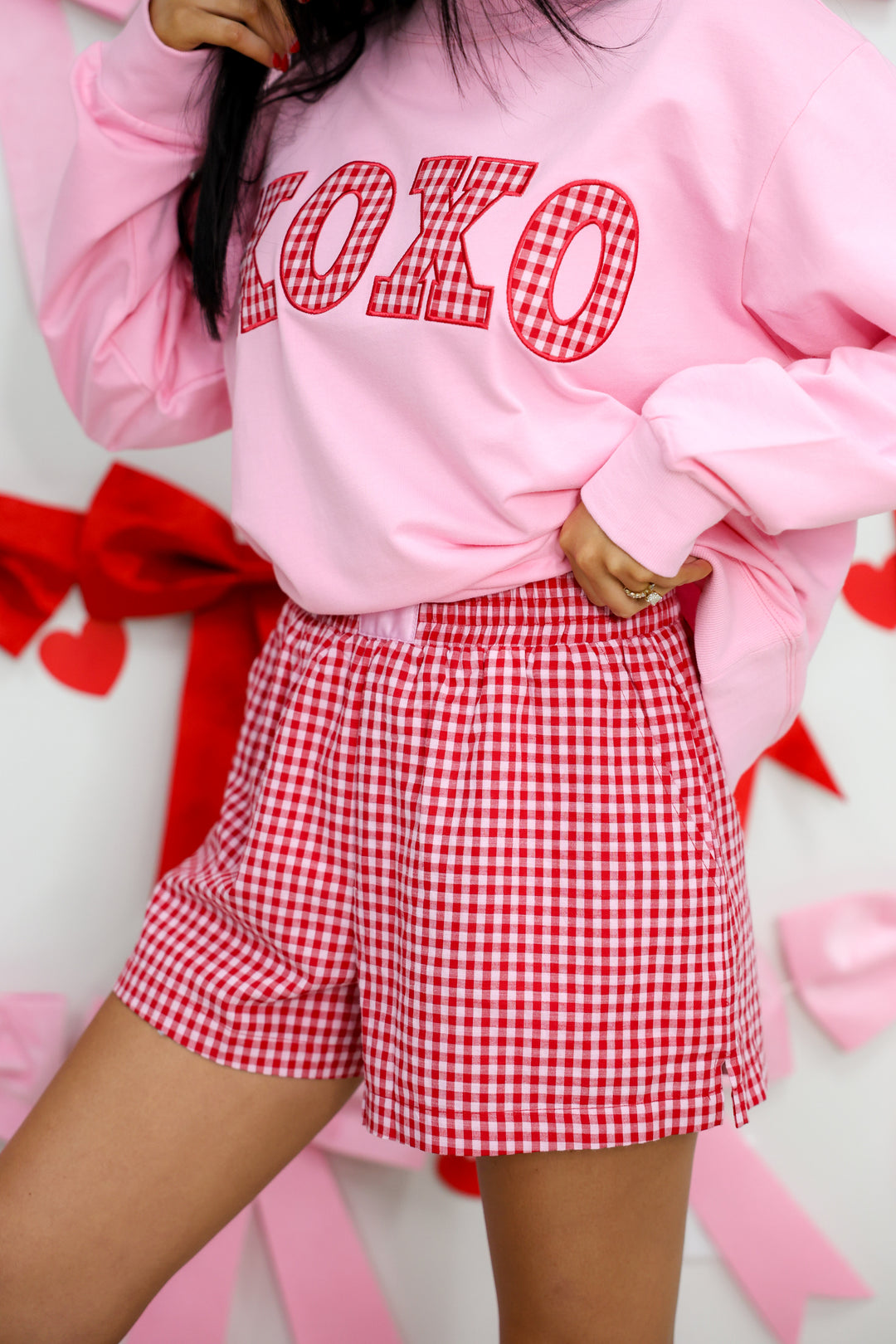 Gingham Elastic Waist Boxer Shorts W/ Satin Label "Red"