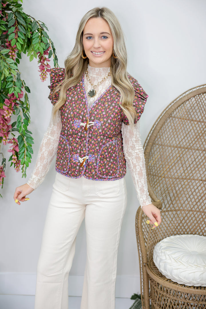 Ditsy Floral Print Toggle Closure Vest