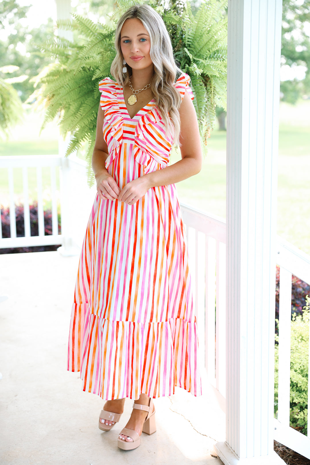 Pretty Poplin V-Neck Dress "Pink/Red"