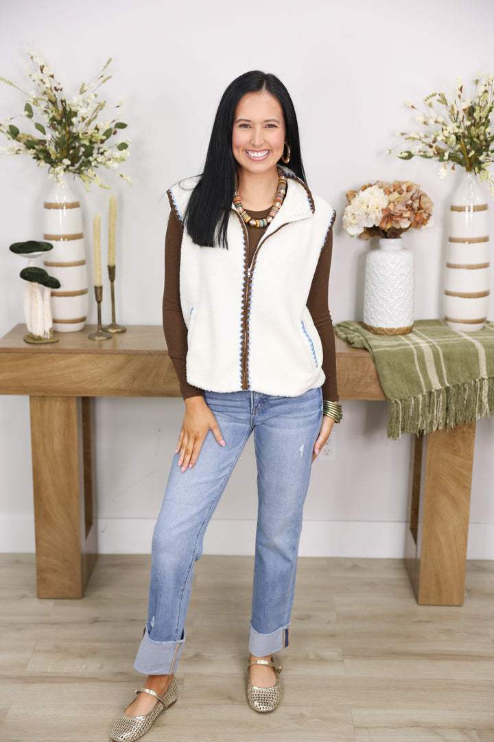 Mock Neck Double Stitch Detail Zip Up Fleece Vest "Cream"