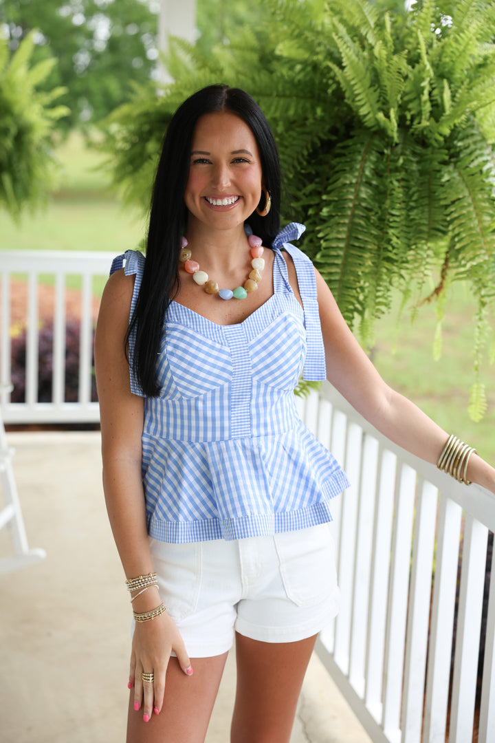 Gingham Sleeveless Peplum Top "Lt Blue"