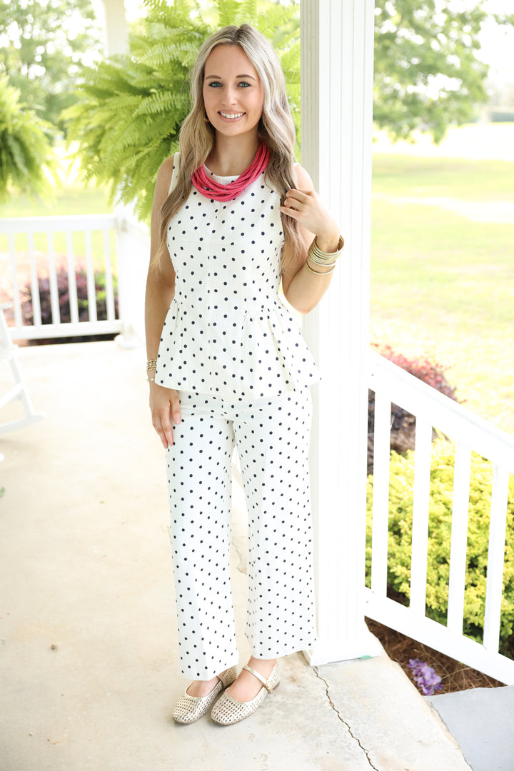 Polka Dot Peplum Hem Detail Top "Off White"