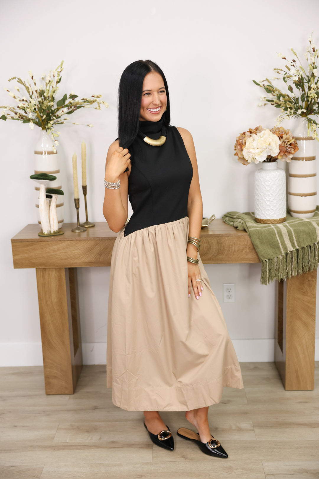 Solid Sleeveless Mock Neck Midi Dress "Black"