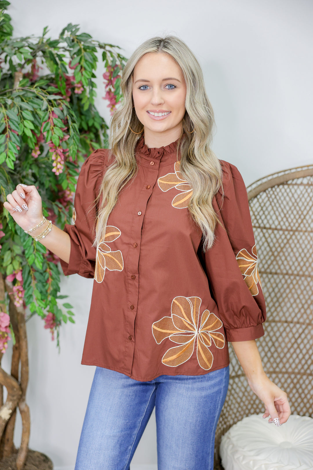 Floral Embroidery 3/4 Puff Sleeve Top "Chocolate"