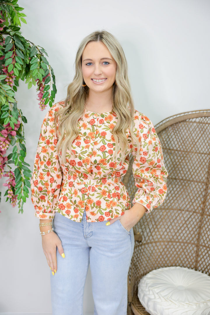 Peach Rust Floral Button Top