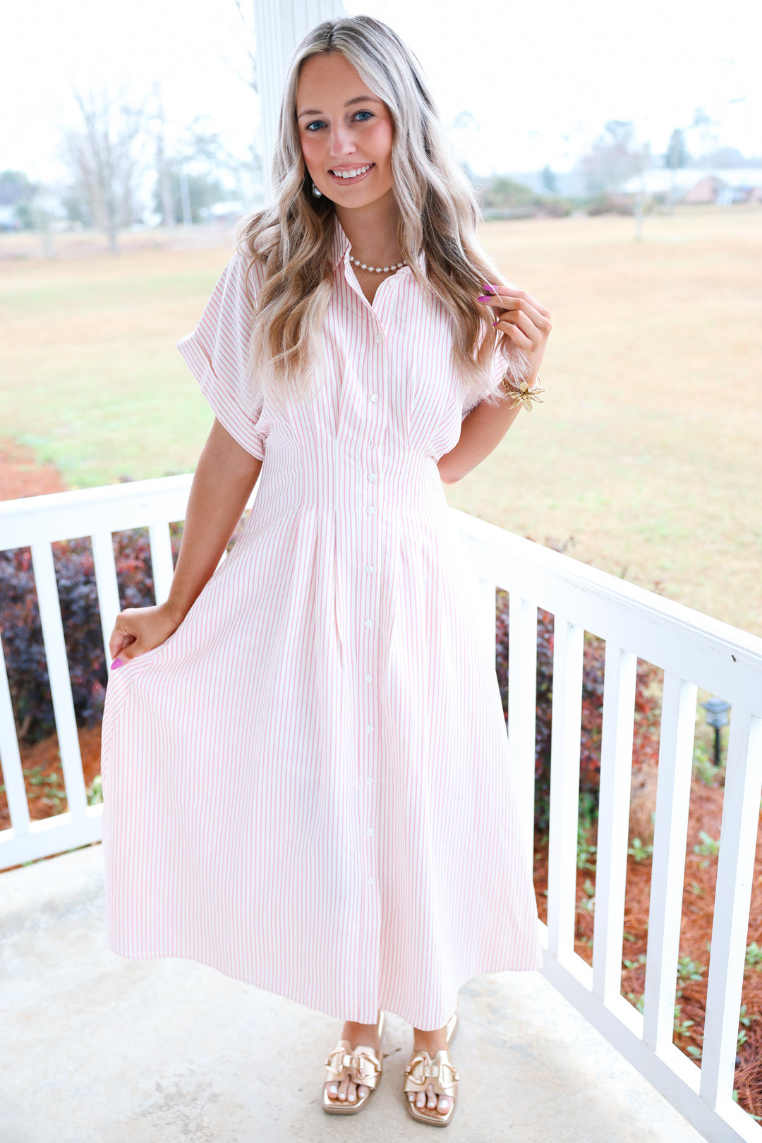 Stripe Print Pintuck Midi Dress "Pink"