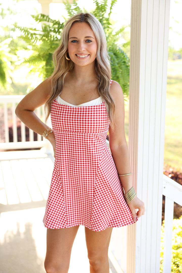 Gingham Print Double Layered Dress "Red"
