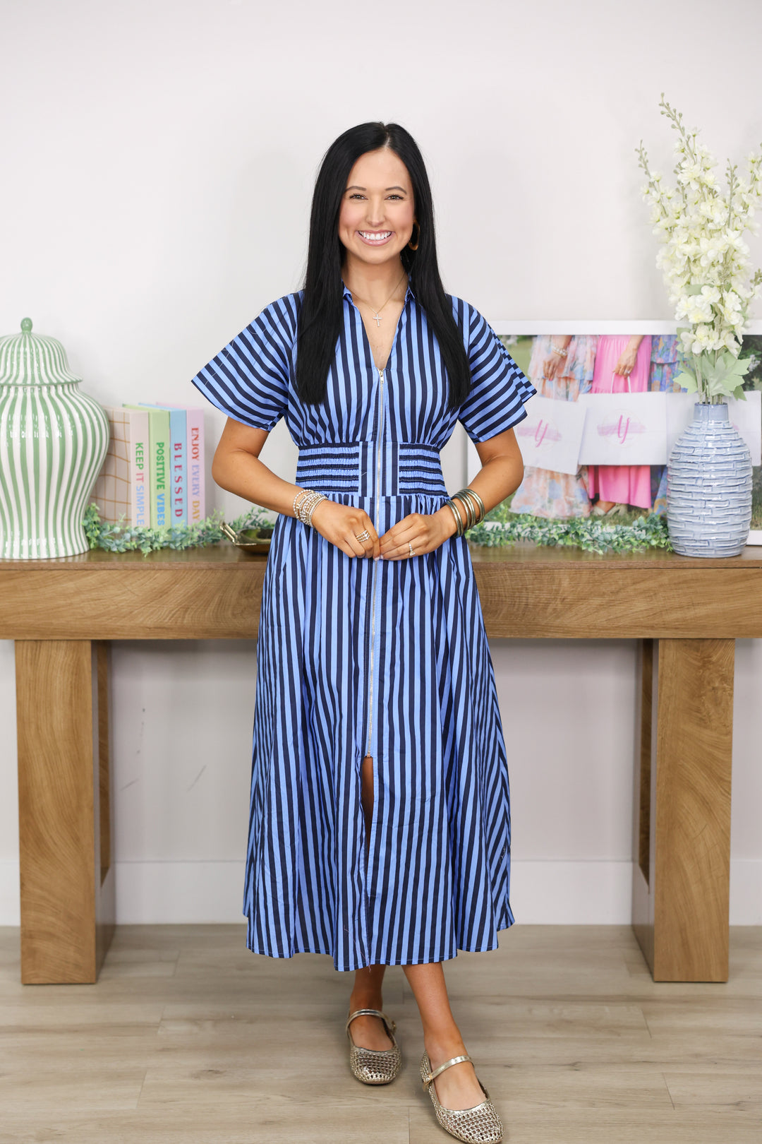 Gracious Stripes Zipper Midi Dress "Navy"