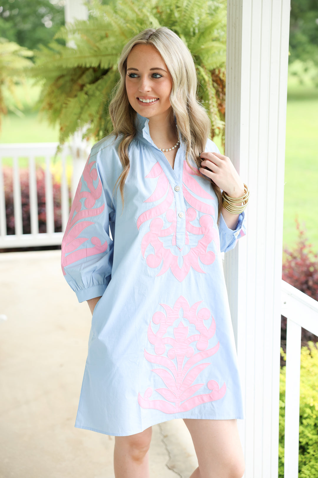 3/4 Sleeve Baroque Applique Detail Shift Dress "Powder Blue"