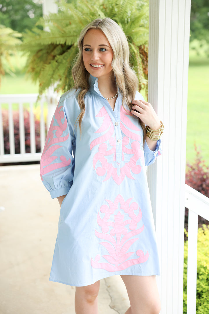 3/4 Sleeve Baroque Applique Detail Shift Dress "Powder Blue"